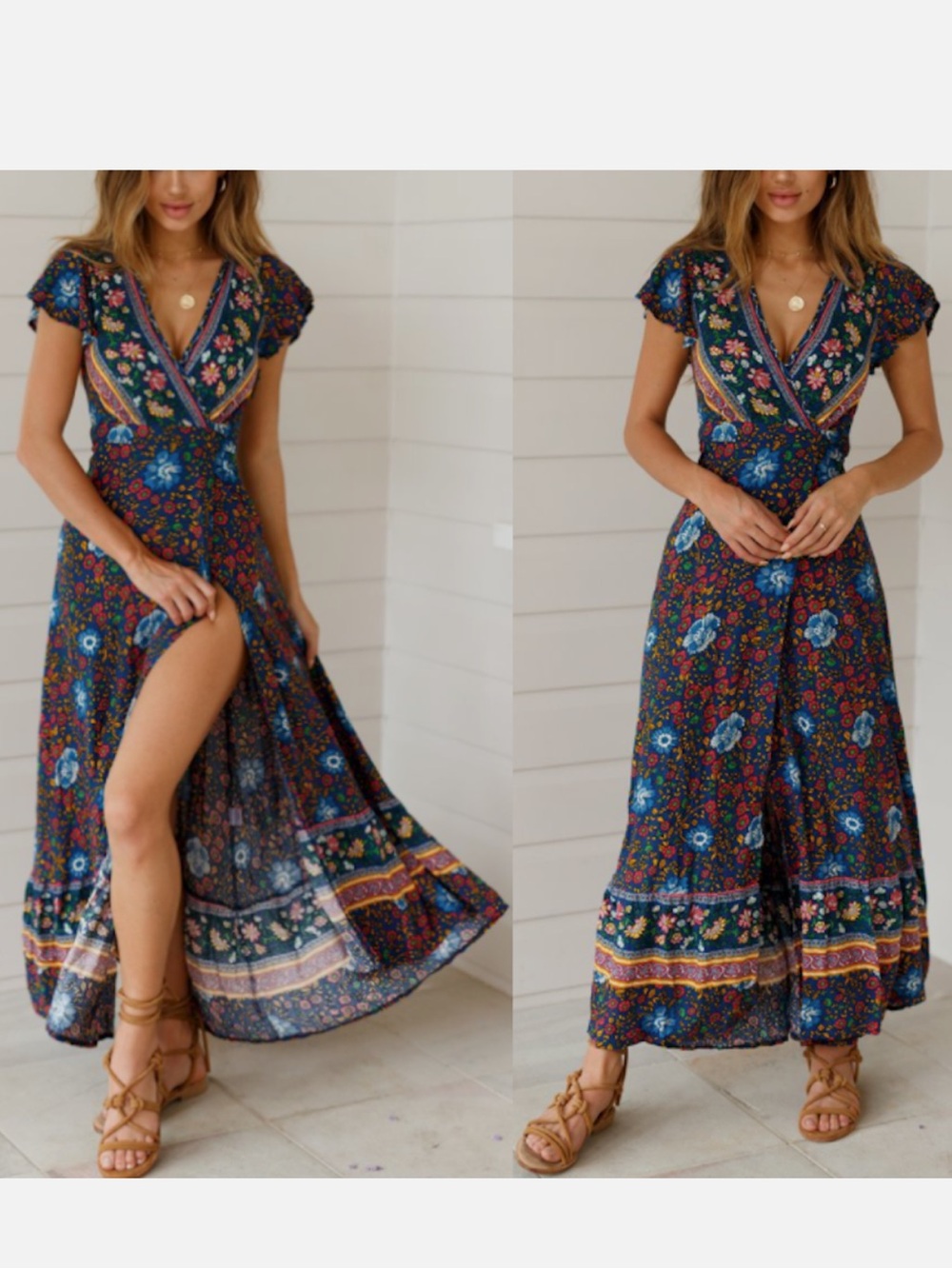 Bohemian Floral Wrap Maxi Dress - Black Floral - Picture 2 of 7